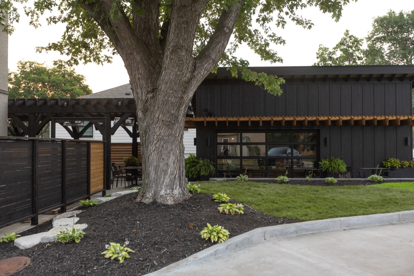 Mature tree and modern structure with a curved planting bed at The Perch