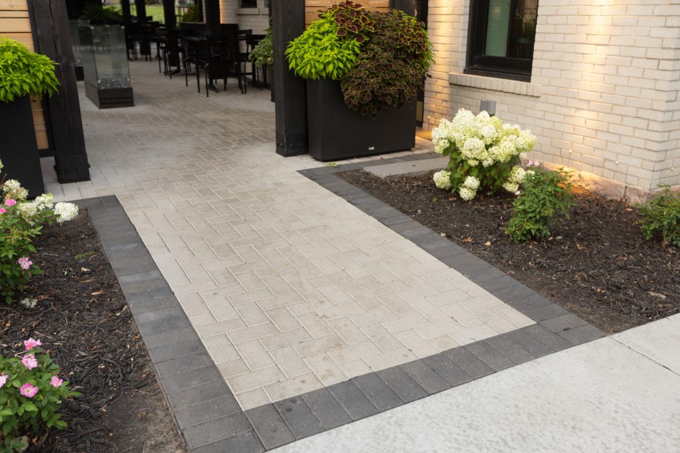 Paver walkway lined with white hydrangeas at The Perch